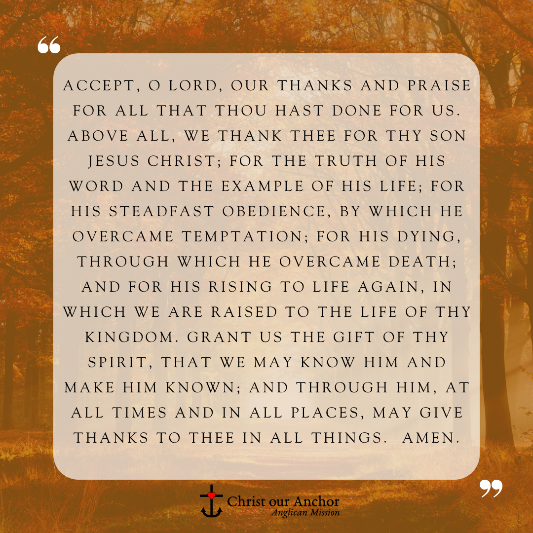 Accept, O Lord, our thanks and praise for all that thou hast done for us. We thank thee for the splendor of the whole creation, for the beauty of this world, for the wonder of life, and for the mystery of love. We thank thee for the blessing of family and friends, and for the loving care which surrounds us on every side. We thank thee for setting us at tasks which demand our best efforts, and for leading us to accomplishments which satisfy and delight us. We thank thee also for those disappointments and failures that lead us to acknowledge our dependence on thee alone. Above all, we thank thee for thy Son Jesus Christ; for the truth of his Word and the example of his life; for his steadfast obedience, by which he overcame temptation; for his dying, through which he overcame death; and for his rising to life again, in which we are raised to the life of thy kingdom. Grant us the gift of thy Spirit, that we may know him and make him known; and through him, at all times and in all places, may give thanks to thee in all things.  Amen.