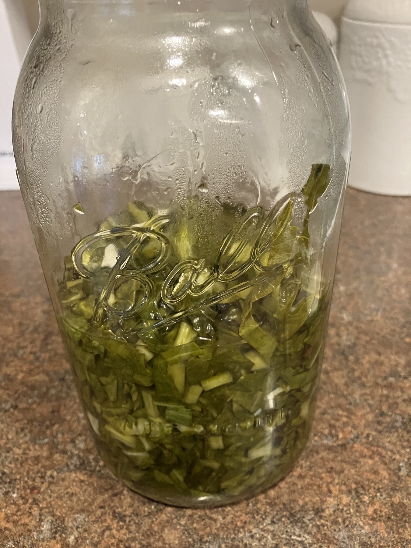 Glass jar with cooked green kale