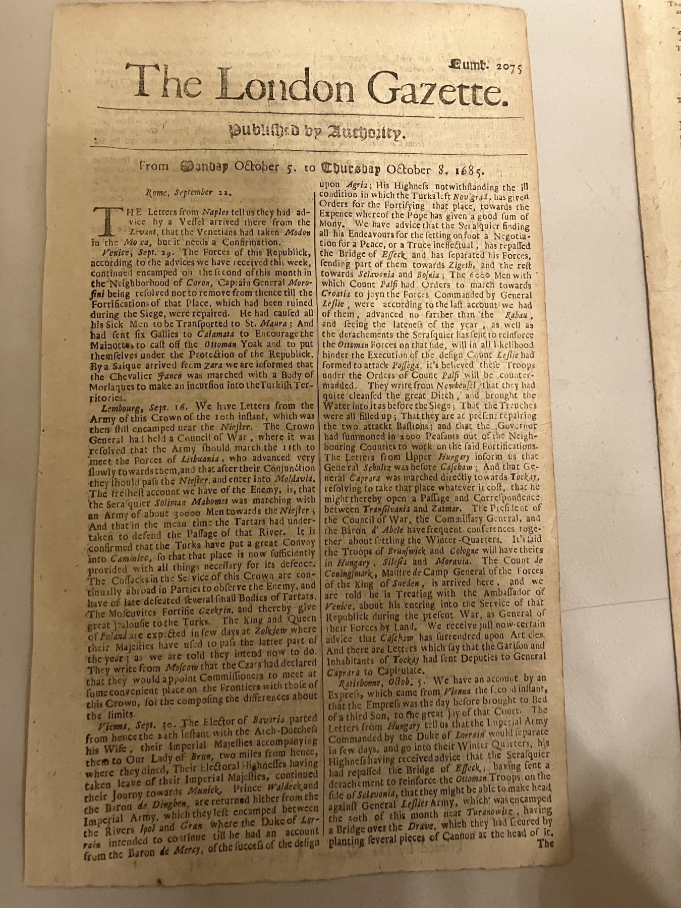 Auto-generated description: A historical newspaper page from The London Gazette dated October 2, 1685, featuring text in two columns.