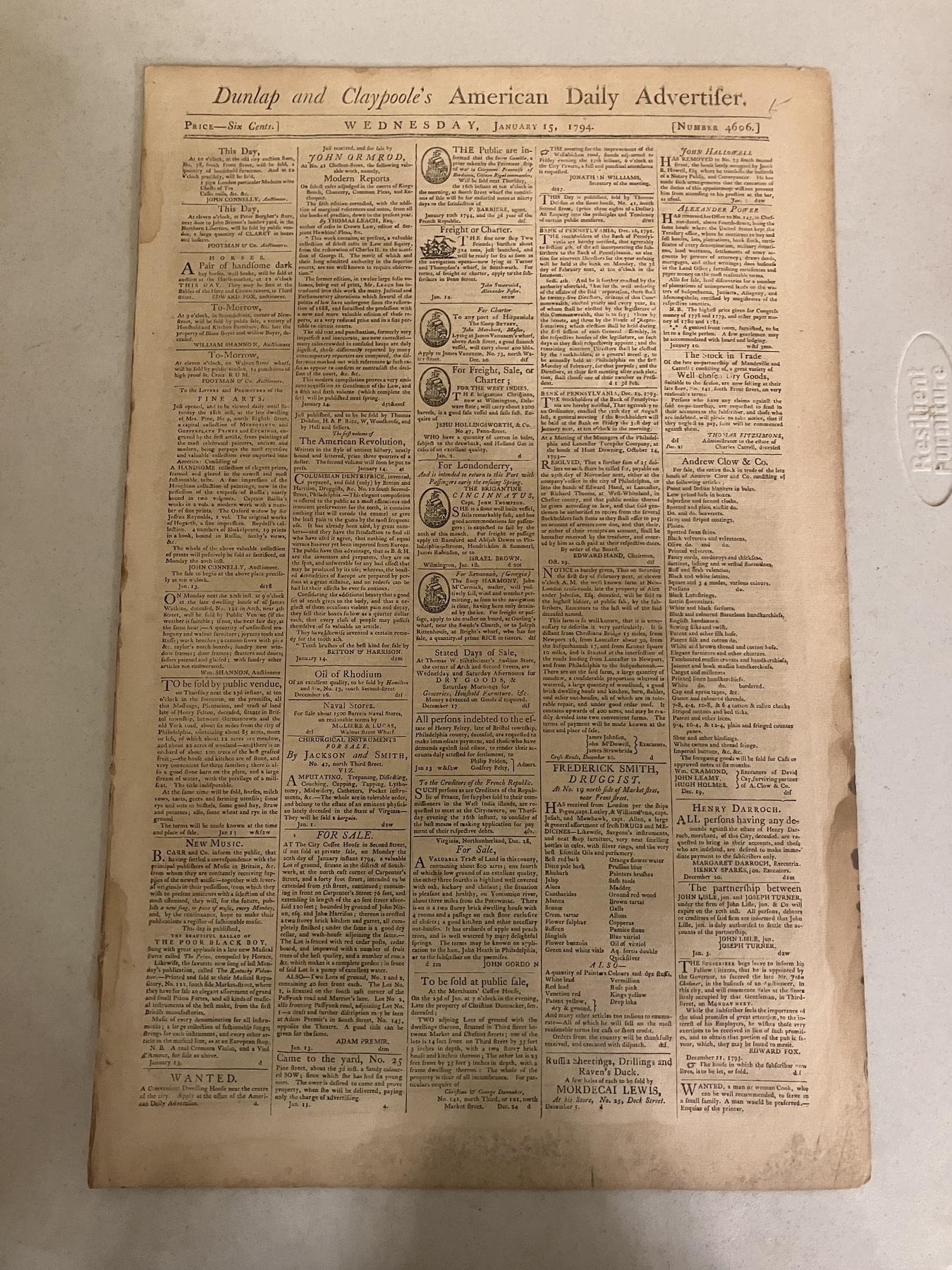 Auto-generated description: A vintage newspaper page titled Dunlap and Claypoole's American Daily Advertiser from January 16, 1799, featuring various columns and advertisements.