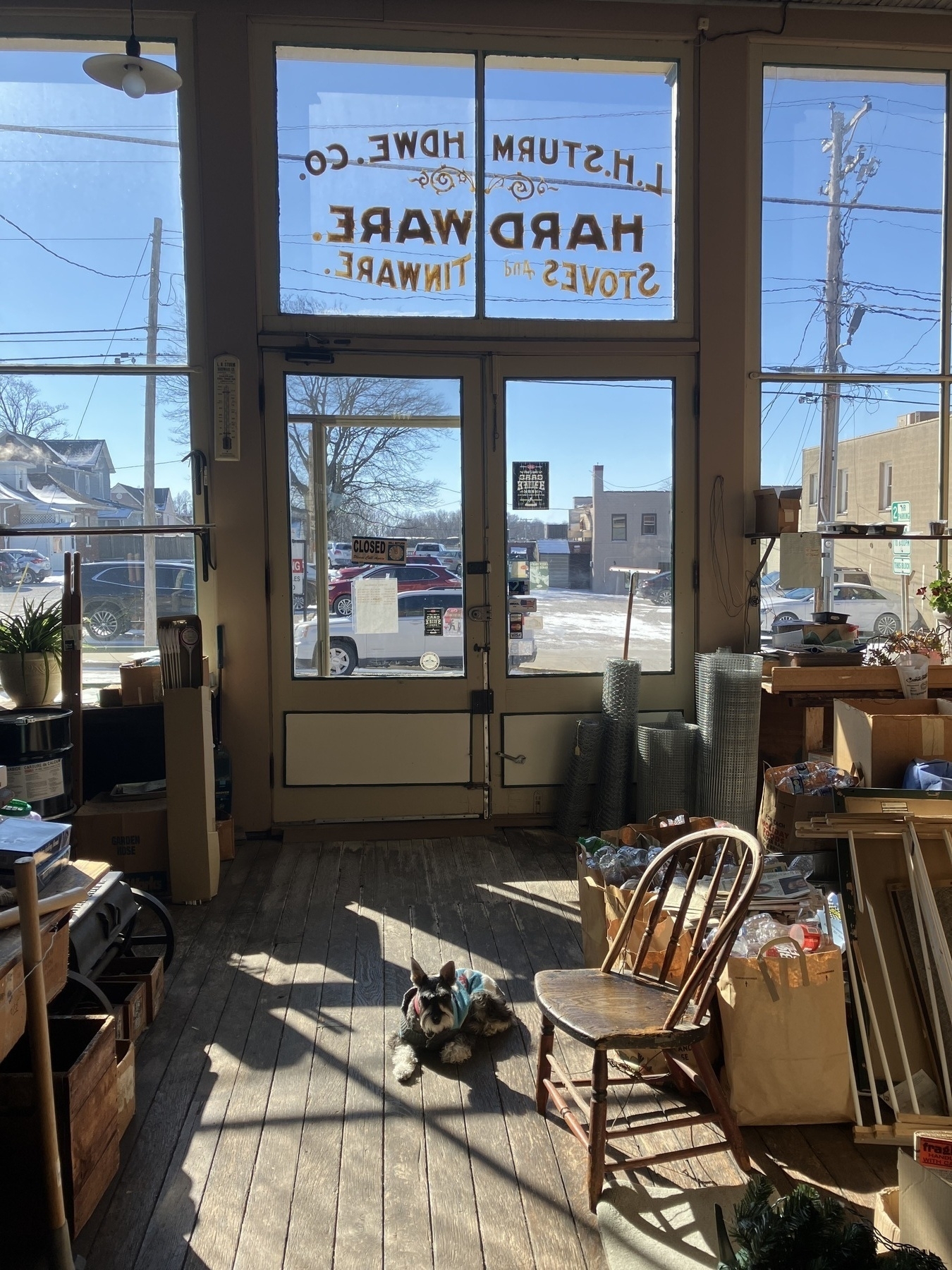 Auto-generated description: A cozy hardware store interior with vintage decor, wooden floors, and a sunlit view through the front windows.