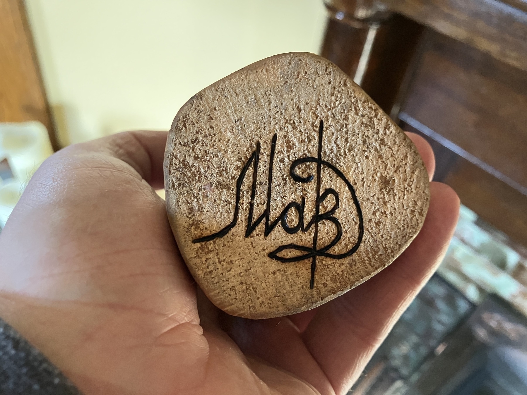 Auto-generated description: A hand is holding a smooth stone with decorative black script on it.