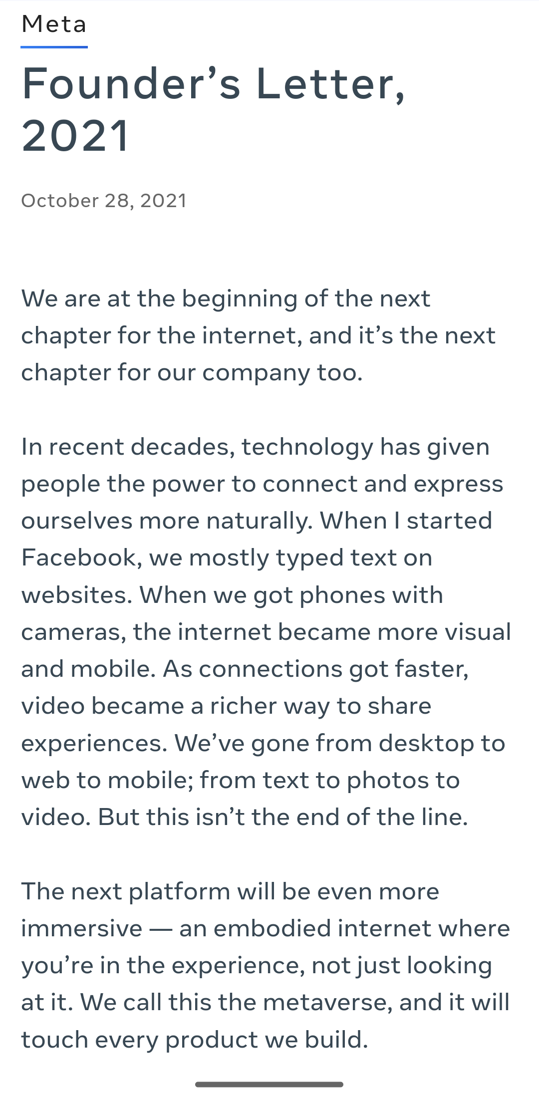 a portion of Mark Zuckerberg's letter about betting on virtual reality