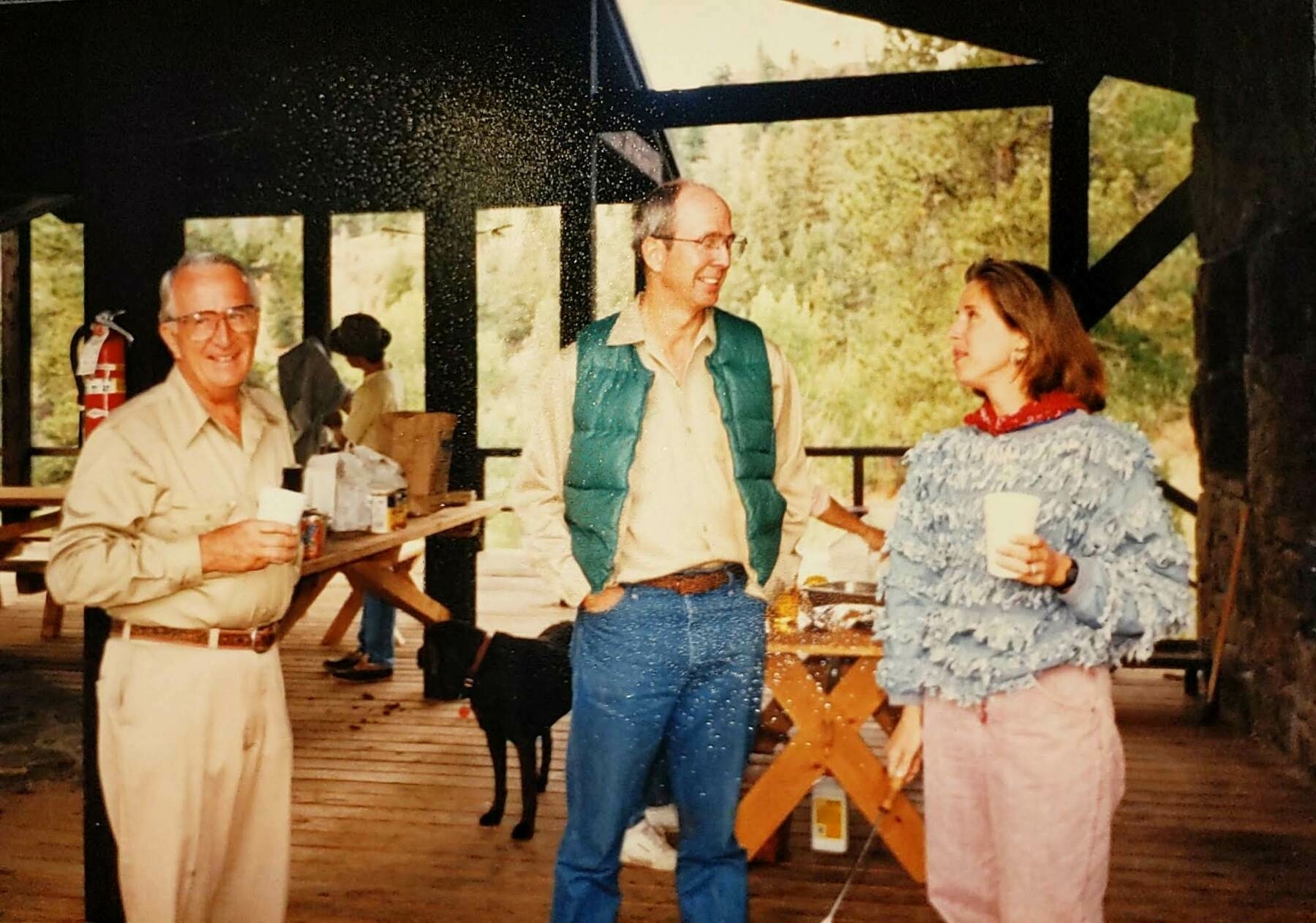 An older man, a middle-aged man, and a younger woman at a picnic.
