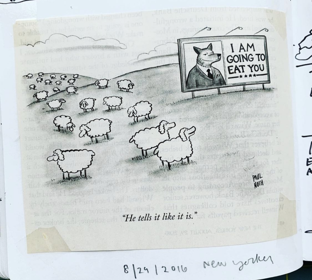 Auto-generated description: A group of sheep gather around a billboard featuring a wolf in a suit with the caption I AM GOING TO EAT YOU, while one sheep comments, He tells it like it is.