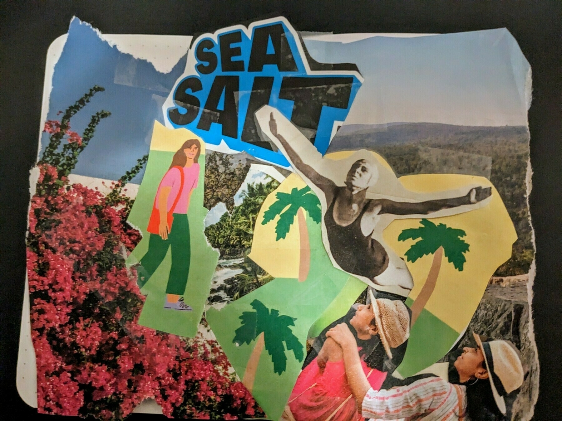 Auto-generated description: A collage features a variety of elements including a Sea Salt label, a vintage-style figure jumping, palm trees, and people among vibrant flowers.