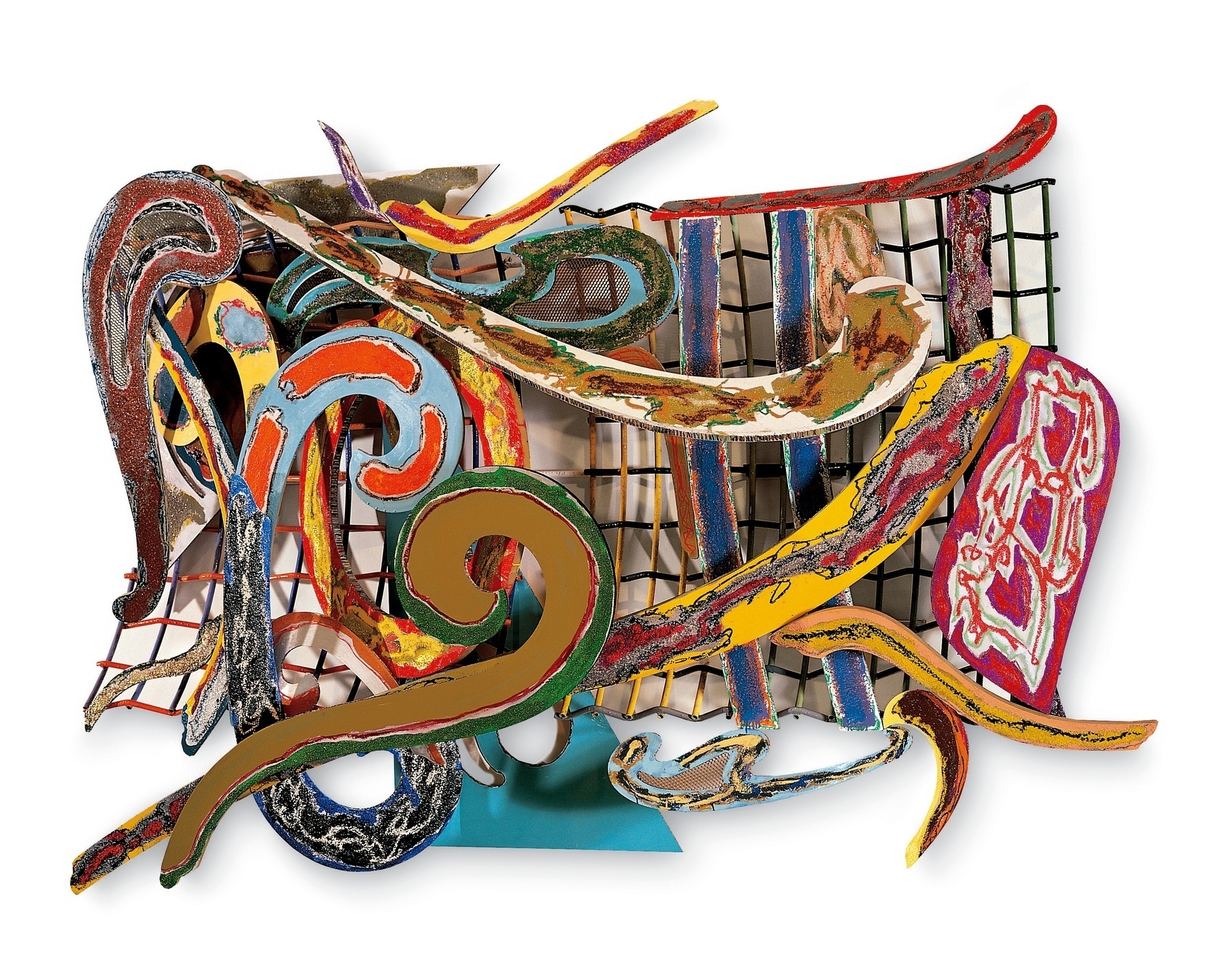 Painting/assemblage with many bright colors and shapes by Frank Stella
