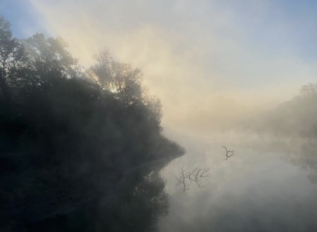 Misty morning at bend in a river.