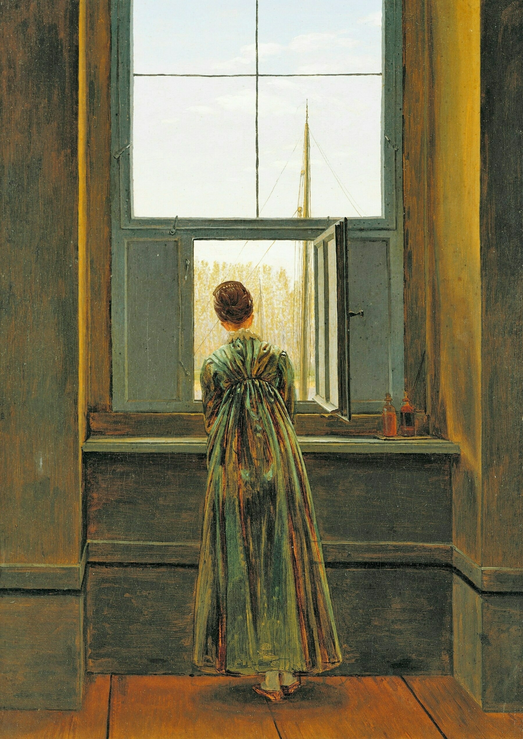 a painting of a woman in a long green dress looking out a window