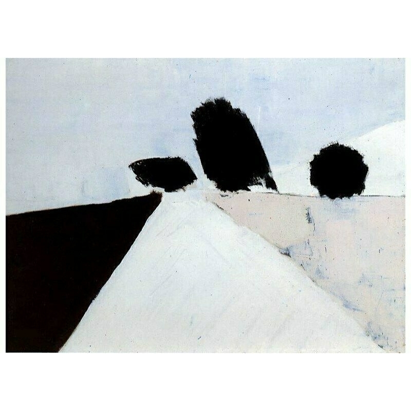 Semi-abstract painting in white, black, gray, and light blue titled 'The Road' by Nicolas de Staël 1954