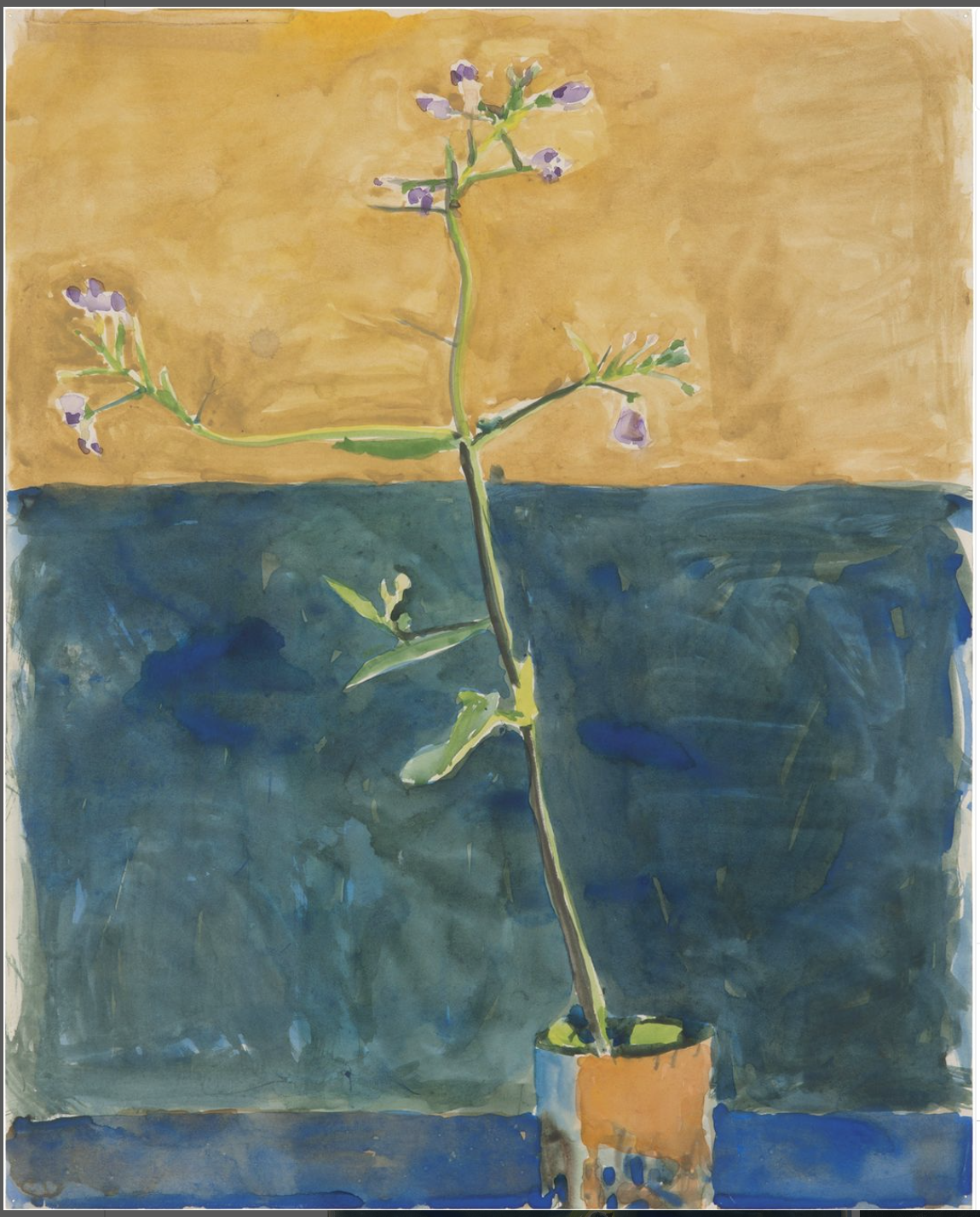 Painting of single-stem flower against a blue-green and yellow background.
