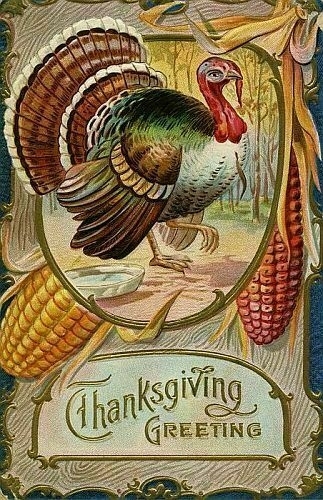 Auto-generated description: A vintage-style Thanksgiving card features a colorful turkey surrounded by corn with the phrase Thanksgiving Greeting.