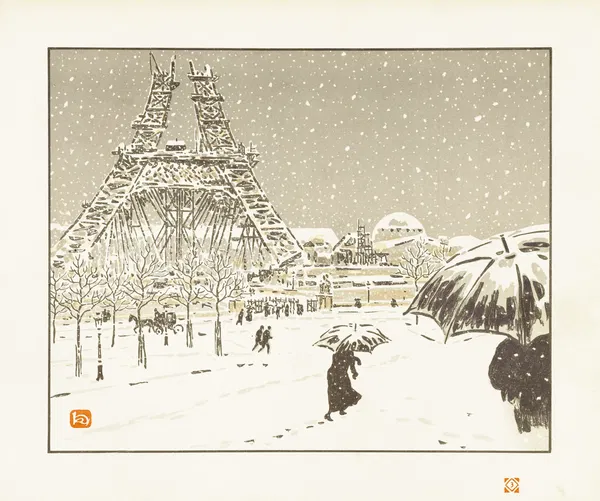 Auto-generated description: A woodblock print of snowy scene depicts people with umbrellas walking near the partially constructed Eiffel Tower.
