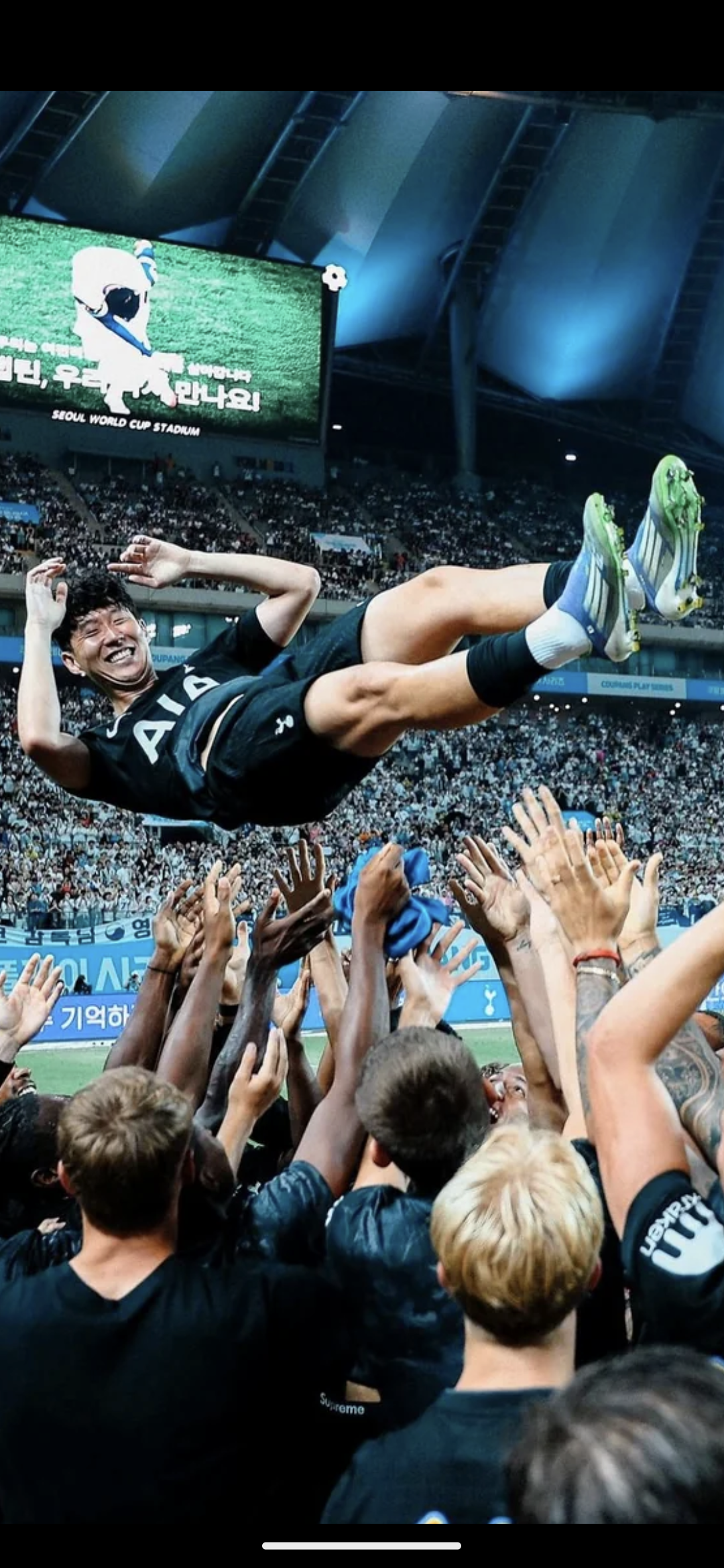 Son Hueng-min being thrown in the air by his Tottenham Spurs Football Club teammates