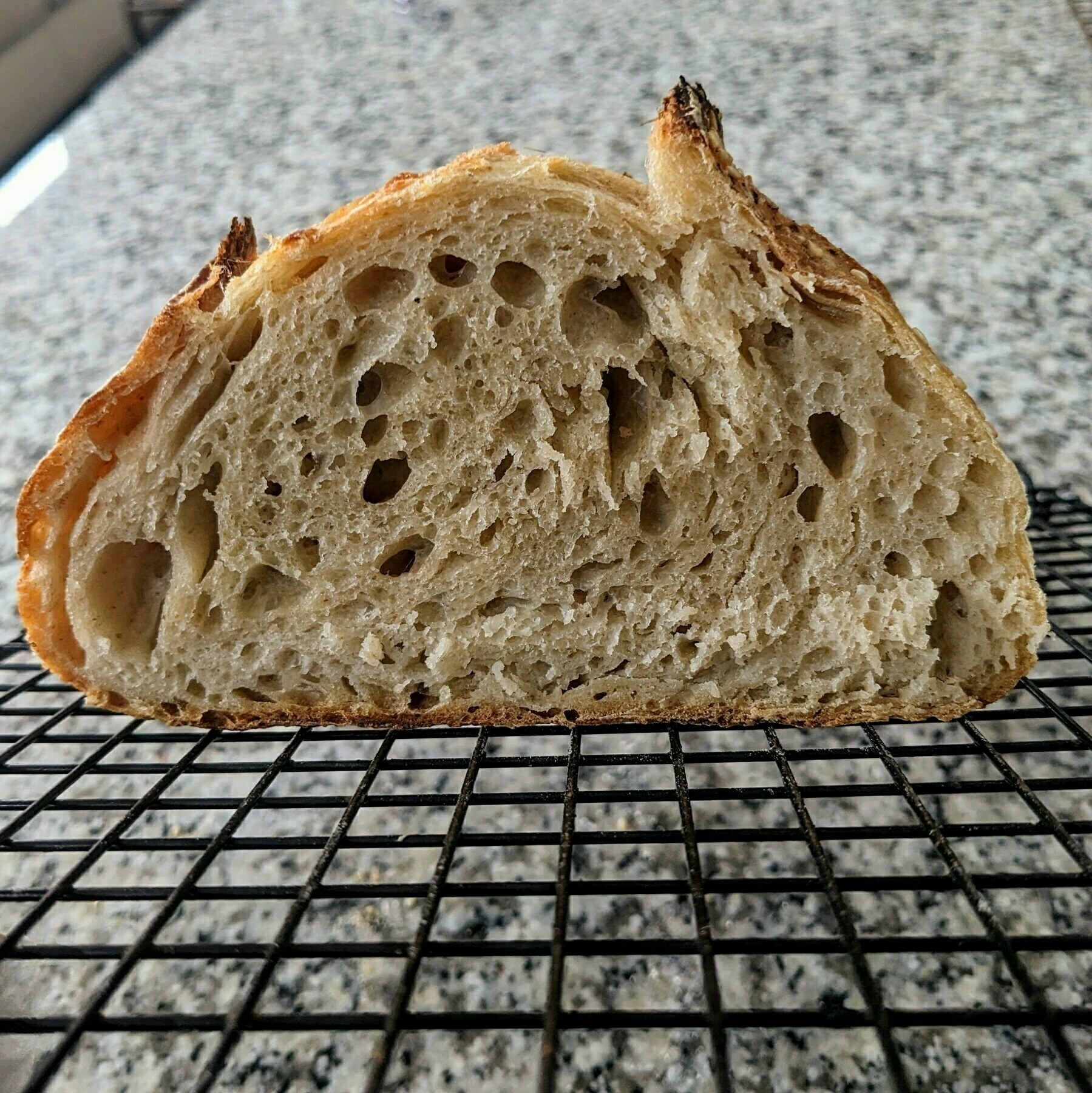 A slice of crusty, homemade bread with a light, airy crumb is resting on a cooling rack.