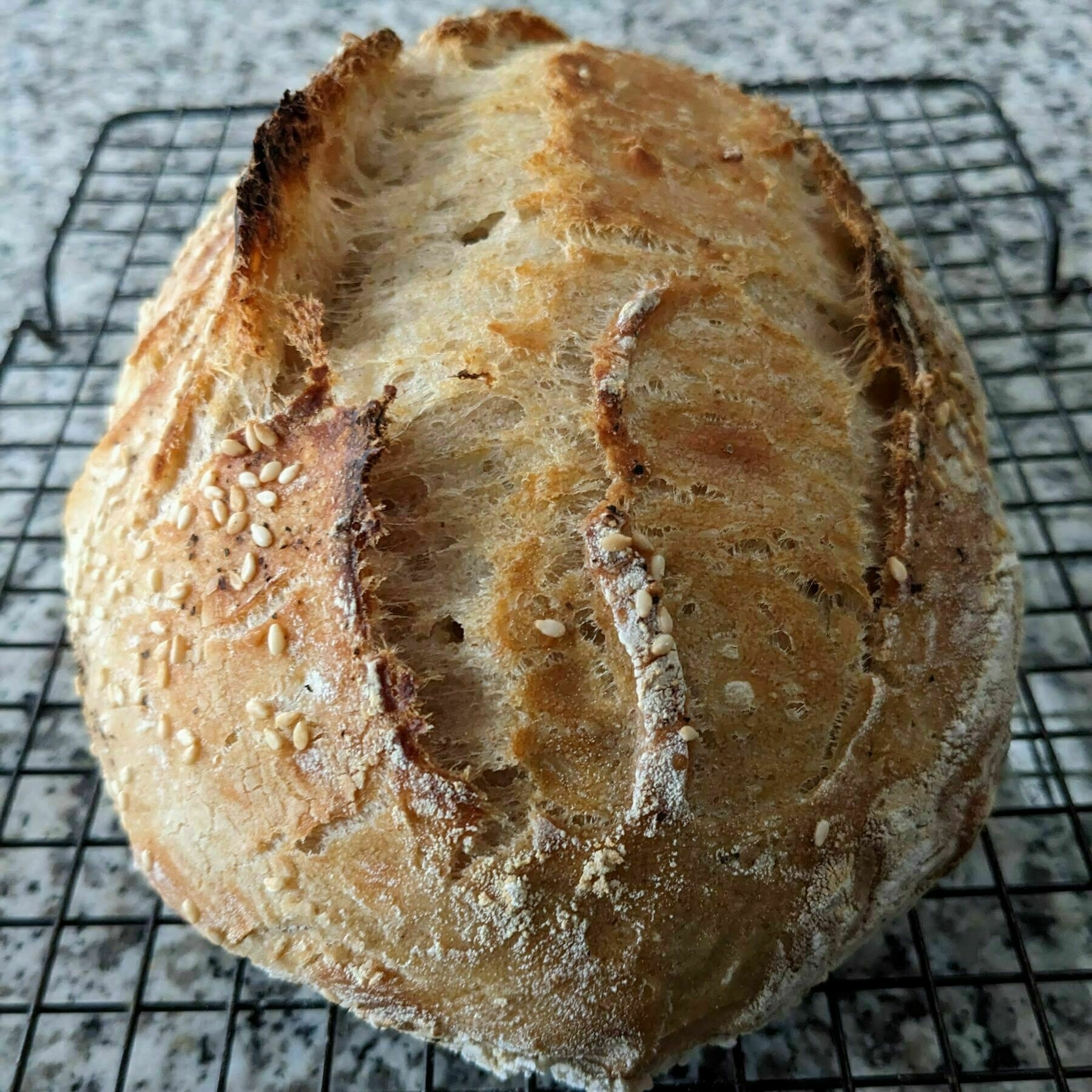 A loaf of crusty, golden-brown bread sits on a cooling rack, featuring a textured surface with sesame seeds.