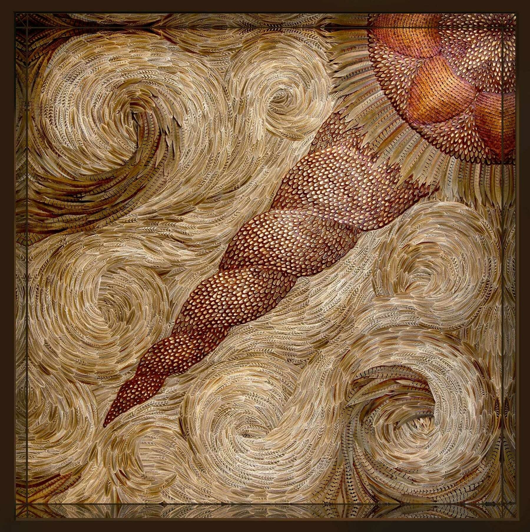 Auto-generated description: A swirling, abstract pattern created with multi-colored bird feathers features a central, elongated shape with intricate, textured details, set against a turbulent, circular backdrop.