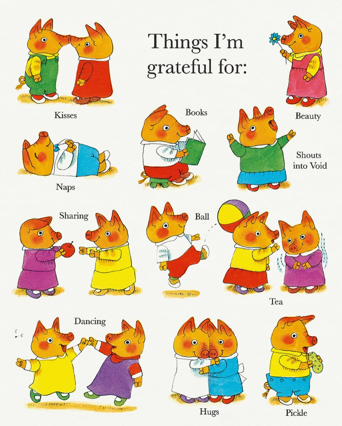 A series of illustrations of playful anthropomorphic pigs by the great Richard Scarry depict different things to be grateful for, including kisses, books, and dancing, featuring cartoon animals performing each action.