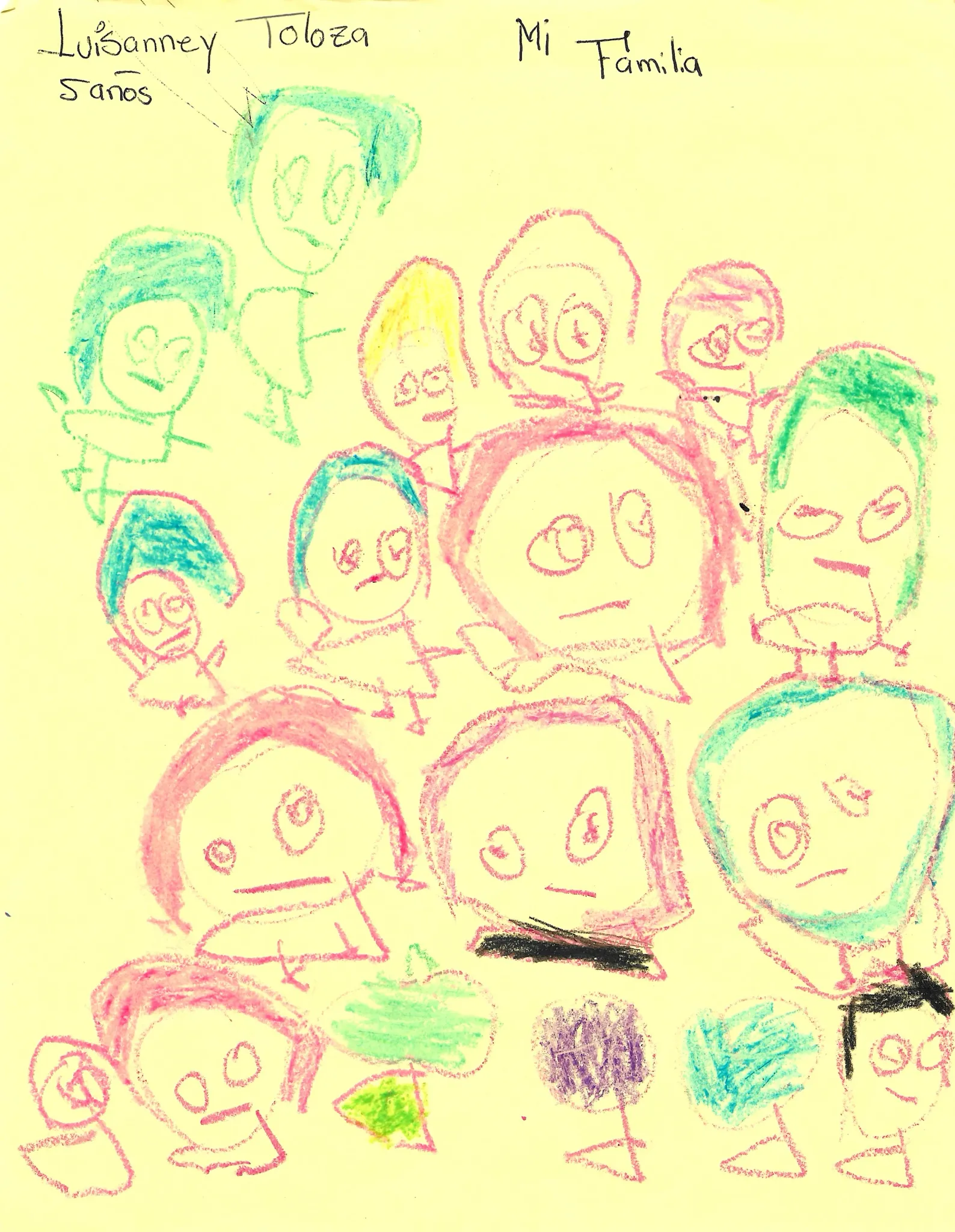 A child's colorful drawing depicts a group of people labeled Mi Familia.
