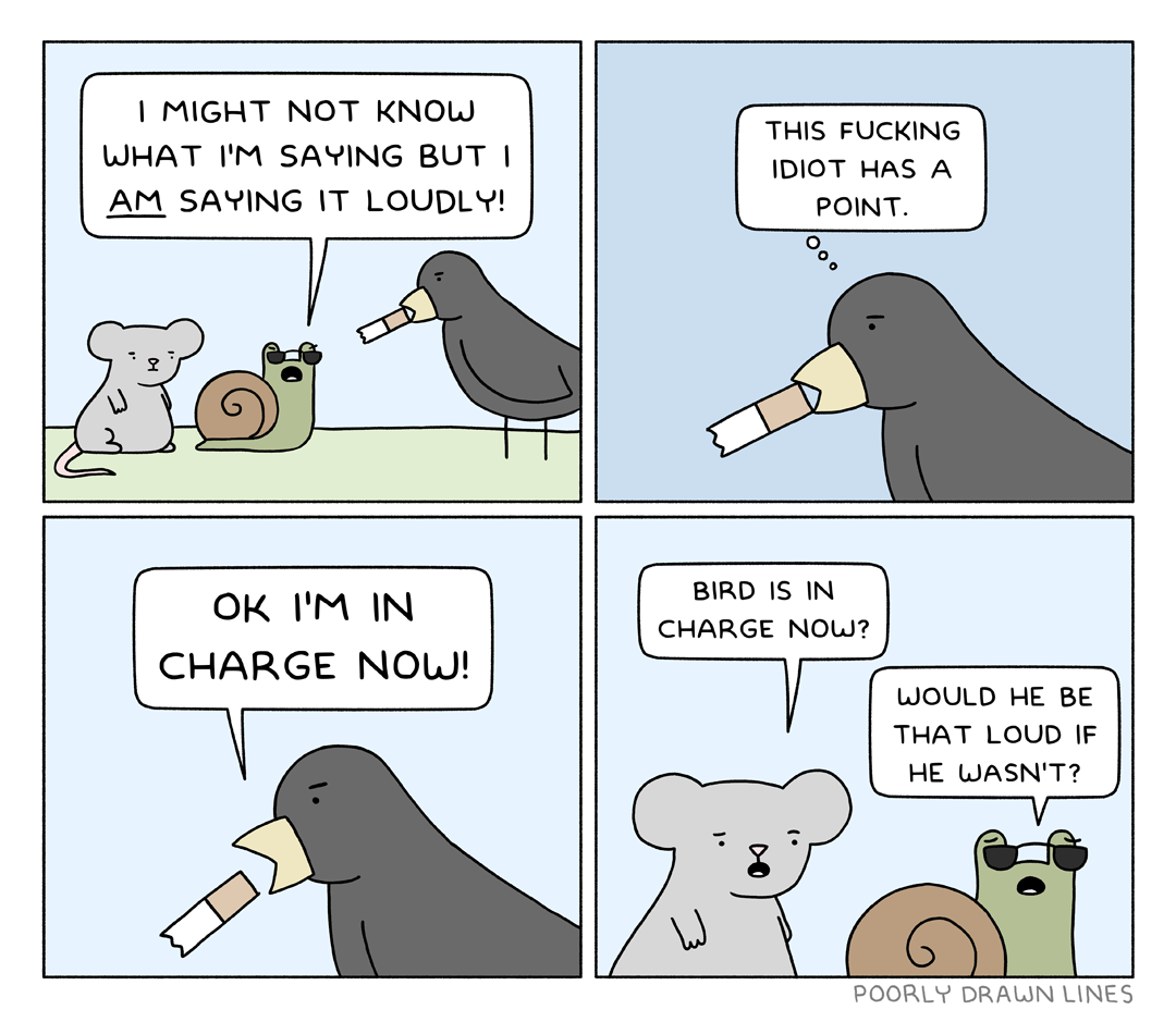 Auto-generated description: A comic features a mouse, a snail, and a bird with a cigarette in its beak, discussing the bird loudly declaring itself in charge while the others comment on its authority.