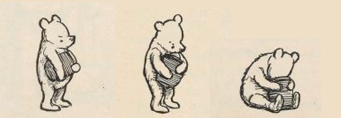 E.H. Shepard's illustration of Winnie the Pooh examining a honey pot.