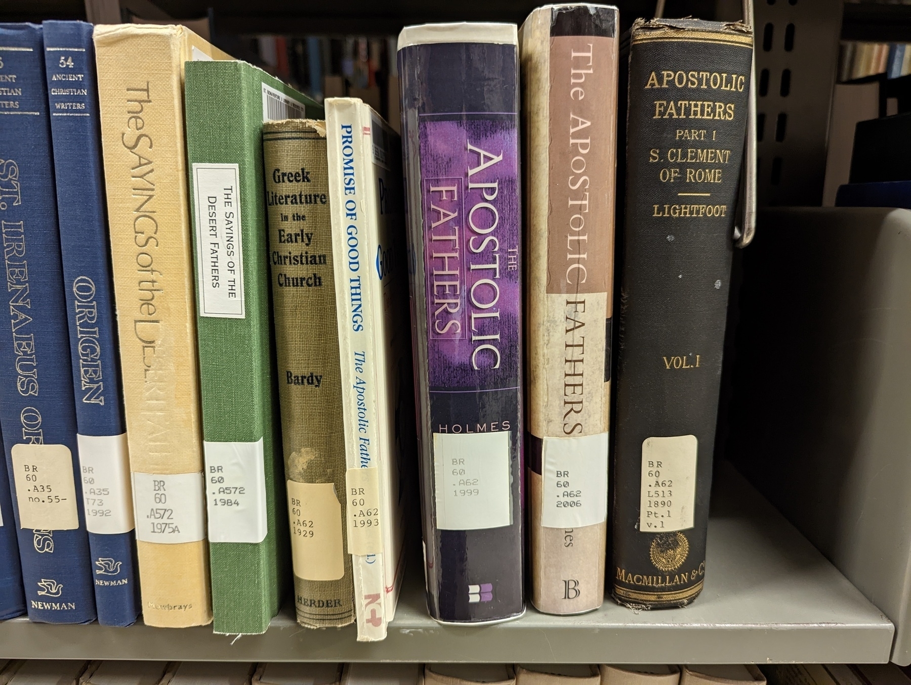 Spines of The Apostolic Fathers and other library books