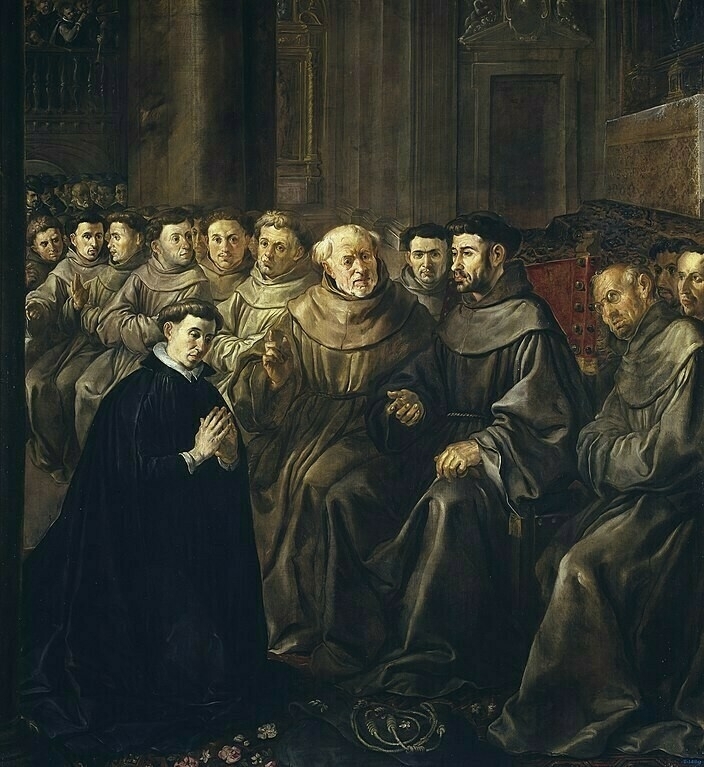 Bonaventure kneels before a line of Franciscan brothers