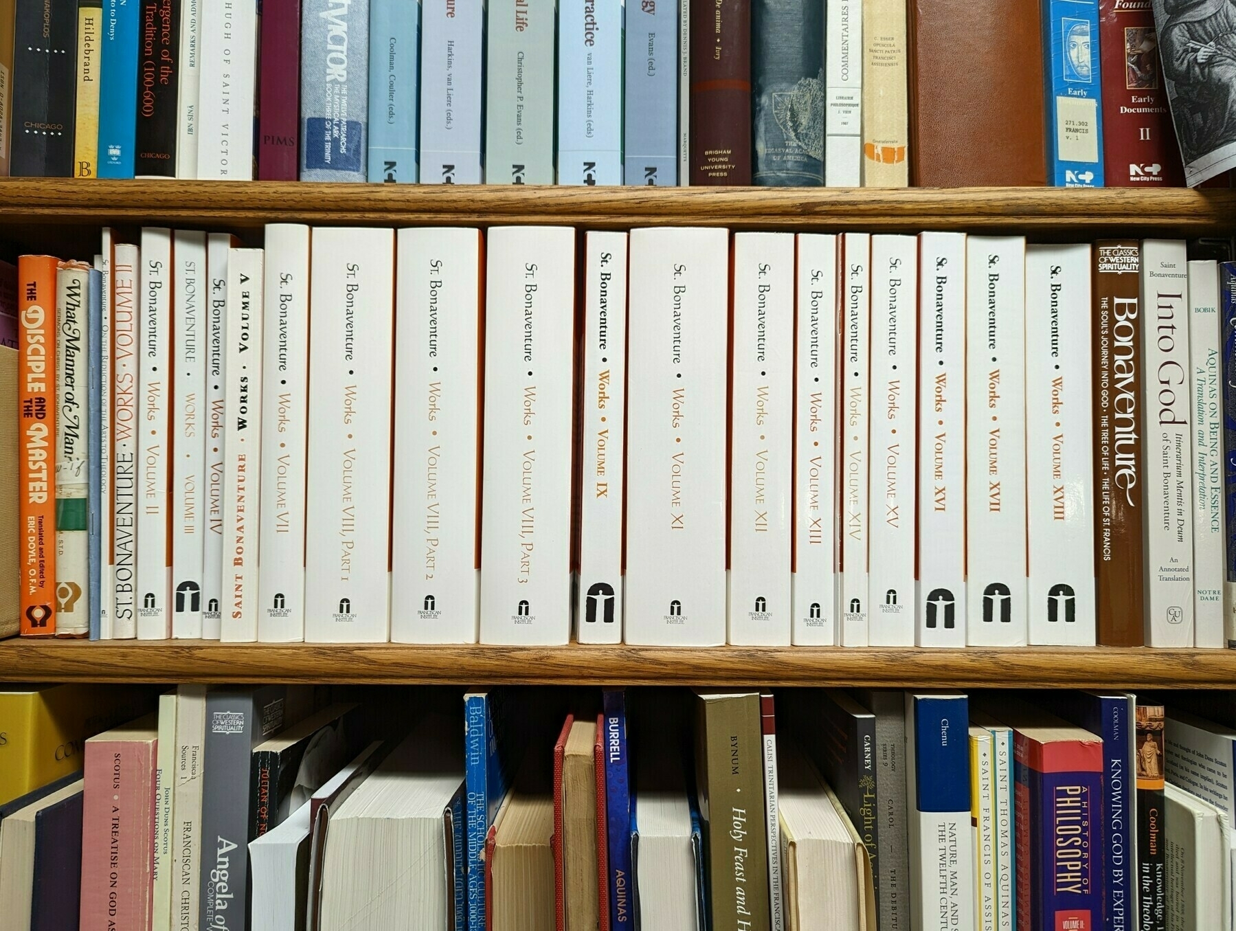 An entire shelf of books by Bonaventure