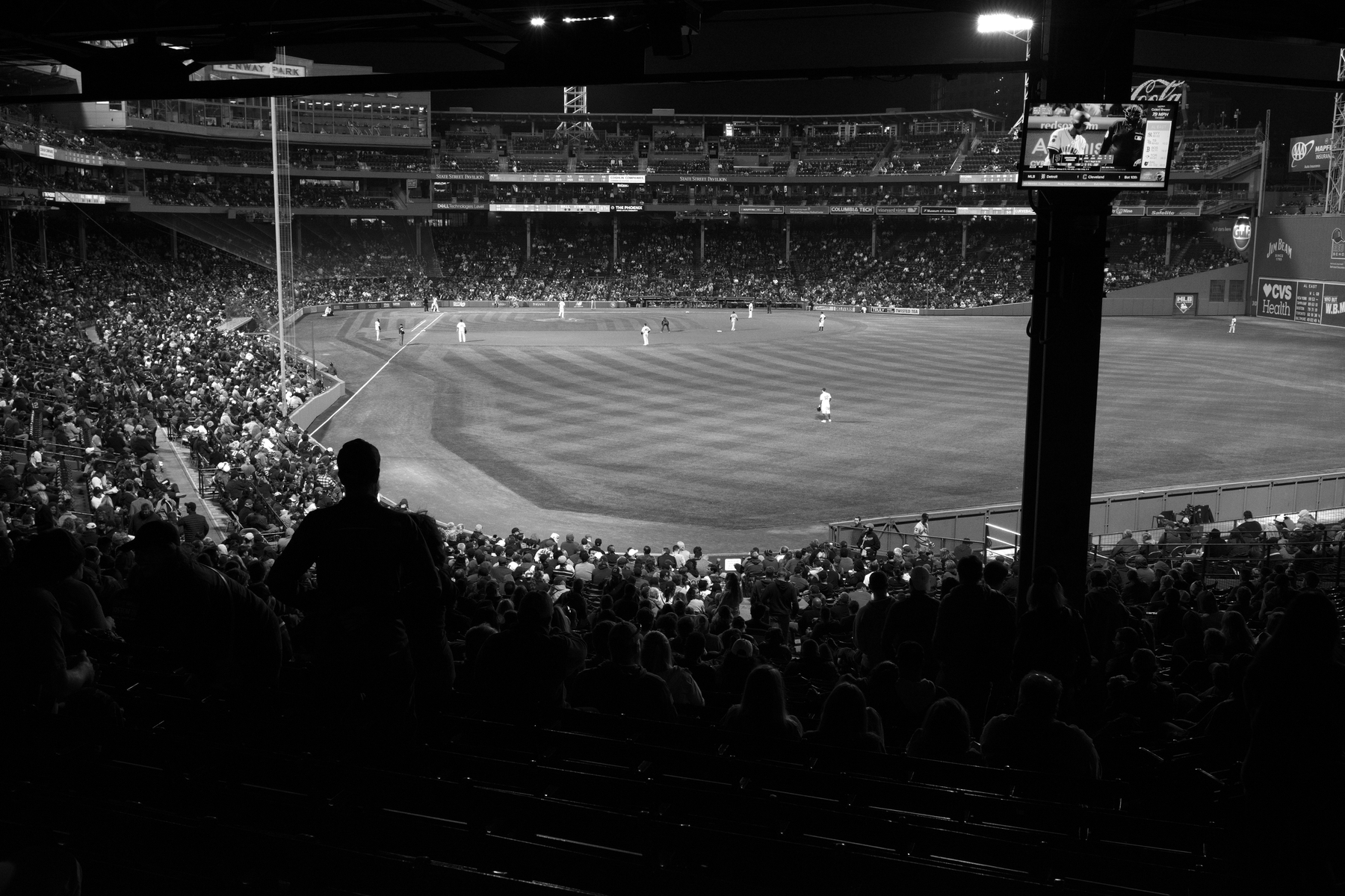 Fenway Park in black and white, with a view from right field