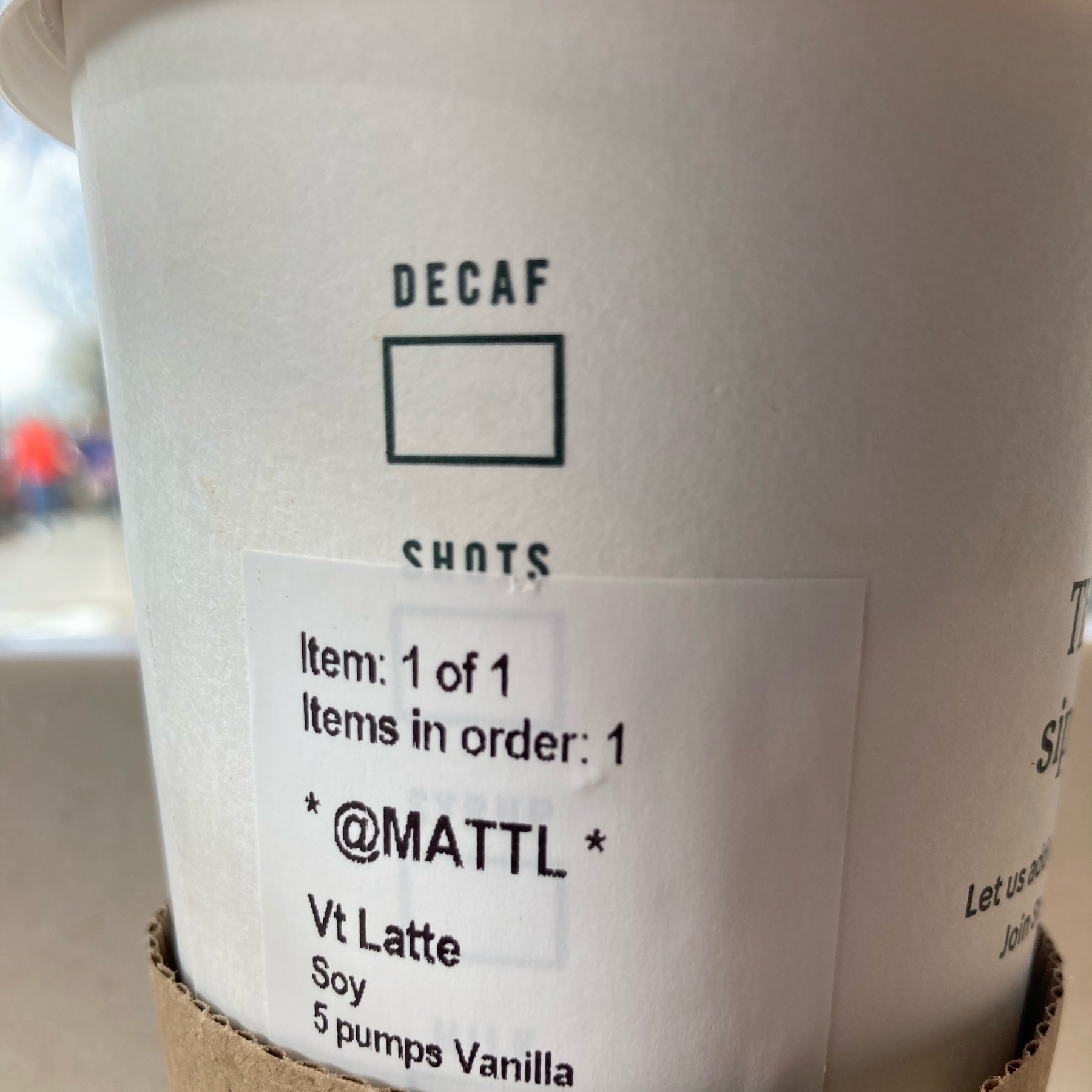 Coffee cup with [@mattl](https://micro.blog/mattl) on the label