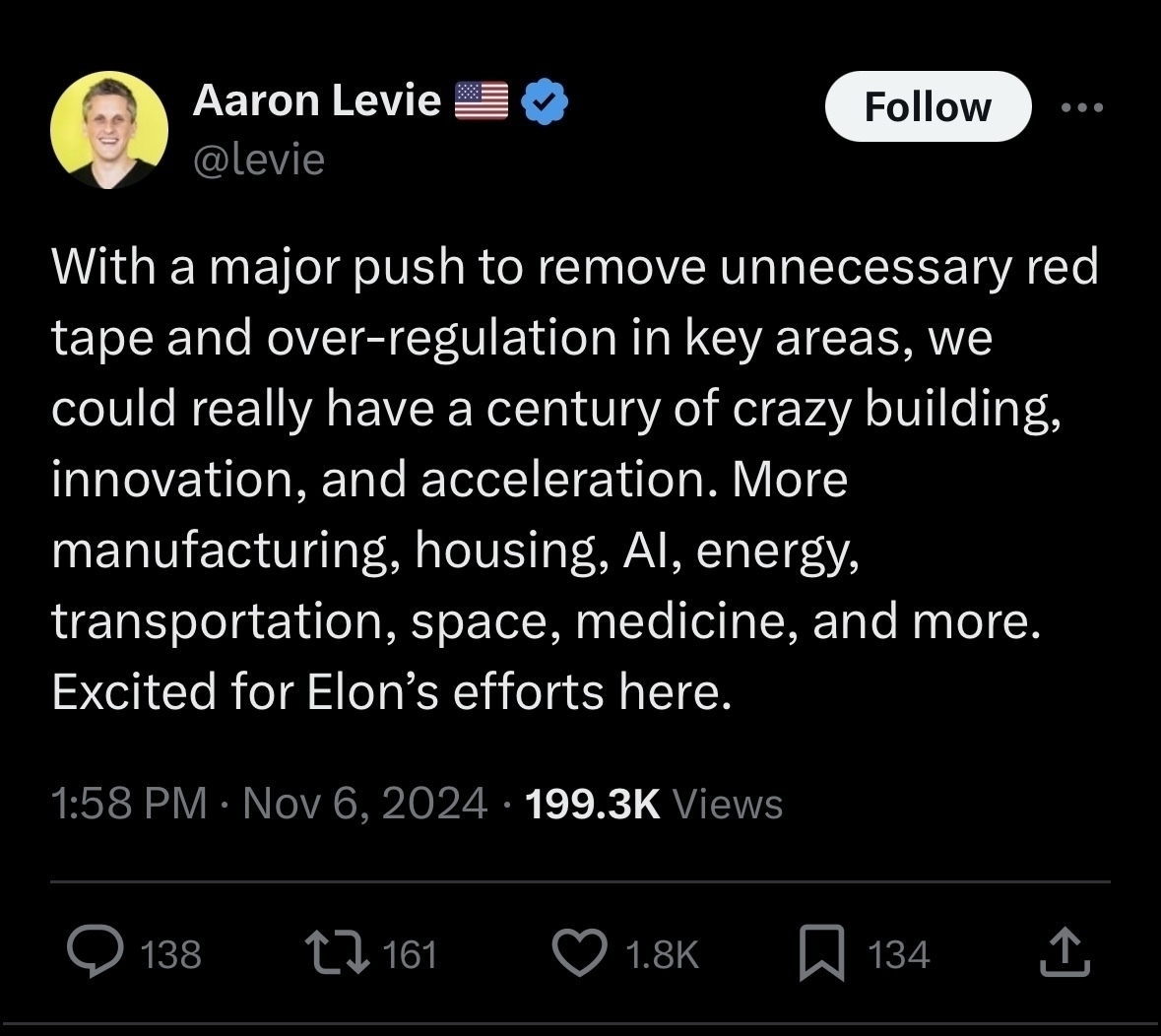 A tweet by @levie (Aaron Levie), who has a verified checkmark. The tweet reads: "With a major push to remove unnecessary red tape and over-regulation in key areas, we could really have a century of crazy building, innovation, and acceleration. More manufacturing, housing, AI, energy, transportation, space, medicine, and more. Excited for Elon's efforts here."&10;&10;The tweet was posted at 1:58 PM on Nov 6, 2024, and has 199.3K views, 138 replies, 161 retweets, 1.8K likes, and 134 bookmarks.​​​​​​​​​​​​​​​​