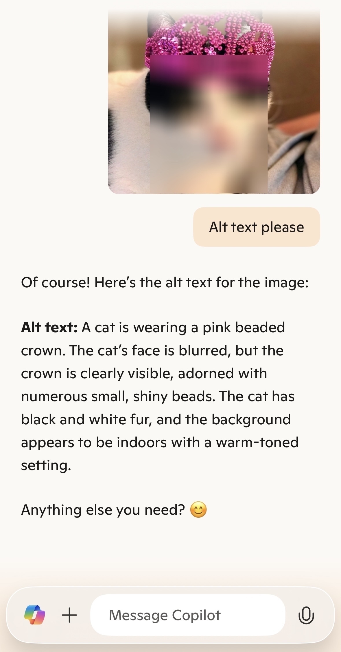 Screenshot of Microsoft Copilot showing the following alt text it generated for this cat photo: A cat is wearing a pink beaded crown. The cat's face is blurred, but the crown is clearly visible, adorned with numerous small, shiny beads. The cat has black and white fur, and the background appears to be indoors with a warm-toned setting.