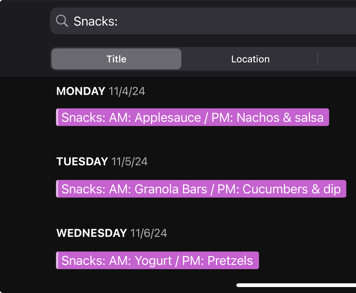 A screenshot of Fantastical for iOS shows a calendar schedule of snacks for each day, including applesauce, nachos, granola bars, cucumbers, yogurt, and pretzels.