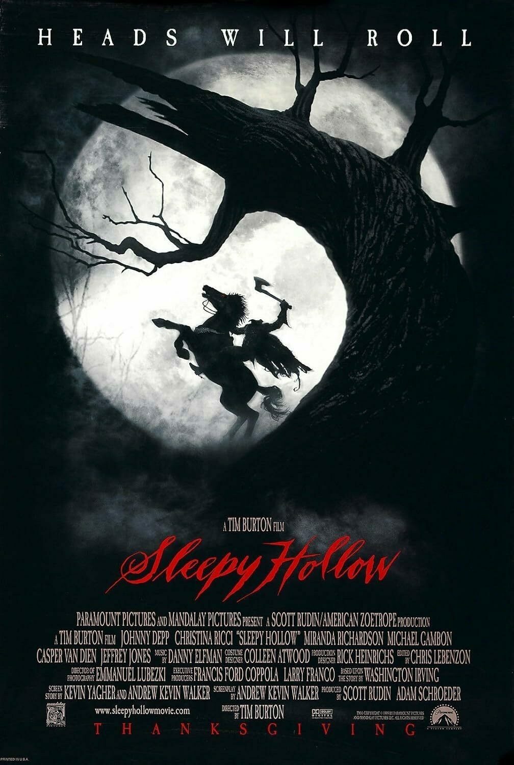 A stylized poster for the film Sleepy Hollow features a shadowy figure on horseback against a moonlit, eerie forest backdrop