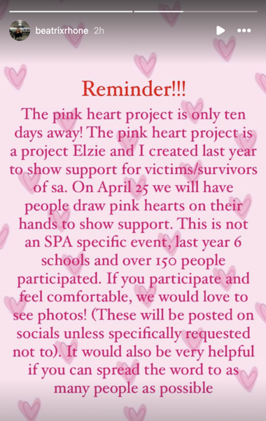 The Pink Heart Project on April 25th — Draw a Pink Heart on the back of your hand to show support for survivors of SA/SH
