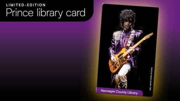 Performer Prince playing guitar pictured on a library card