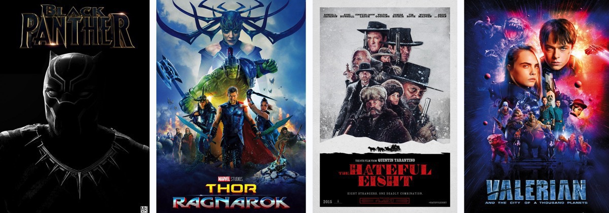 Some people call me the space cowboy! Movie posters for "Black Panther", "Thor: Ragnarok", "The Hateful Eight" and "Valerian"