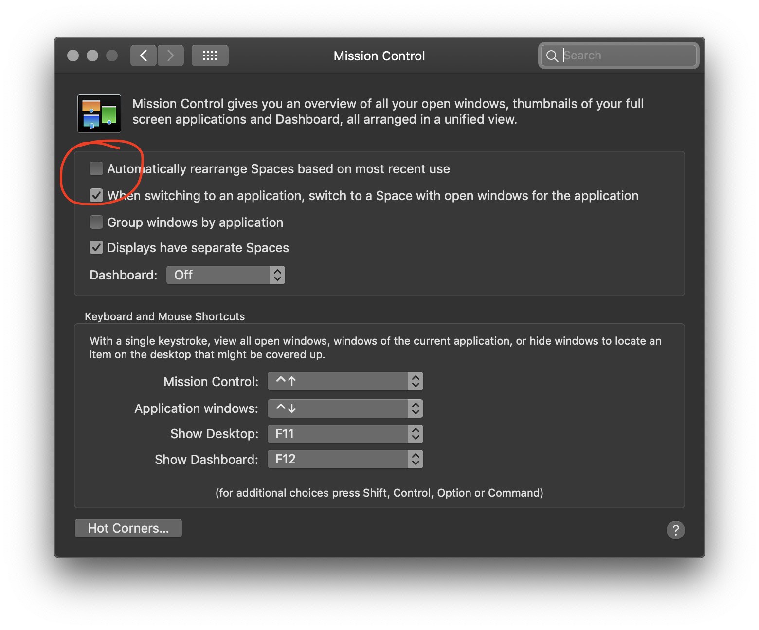 A screenshot of the Mission Control setting panel in System Preferences. The first tick box is “Automatically rearrange Spaces based on most recent use”