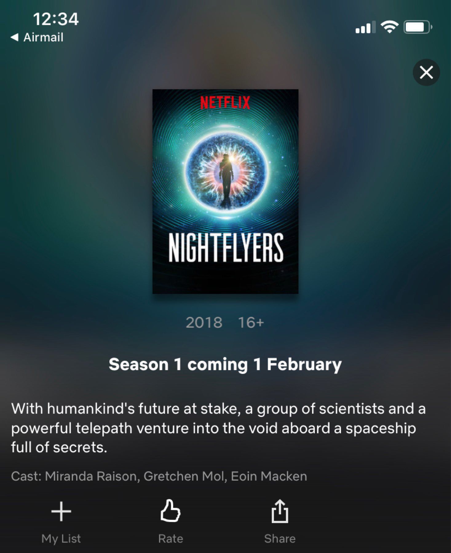 A screenshot of the Netflix screen for Nightfliers - a new sci-fi series
