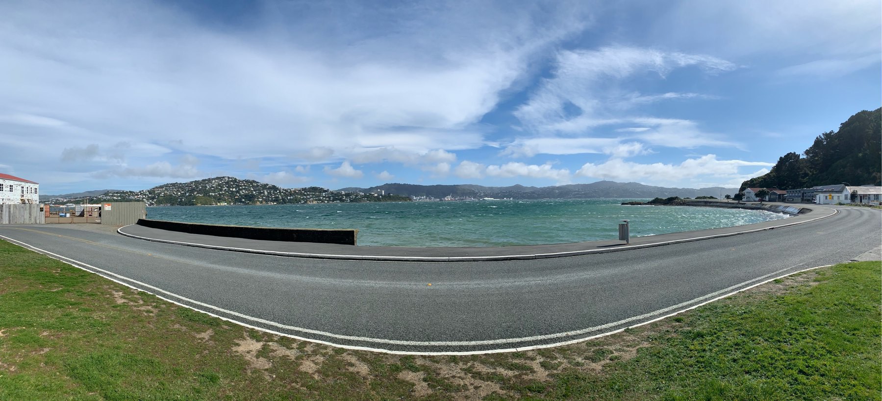 A panorama of Wellington Harbour from the Chocolate Fish cafe at Shelly Bay