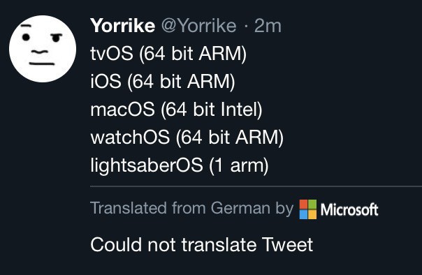 A screenshot of my previous post listing OS processors in Twitter, where Twitter and Microsoft have attempted to translate it from German. And failed.
