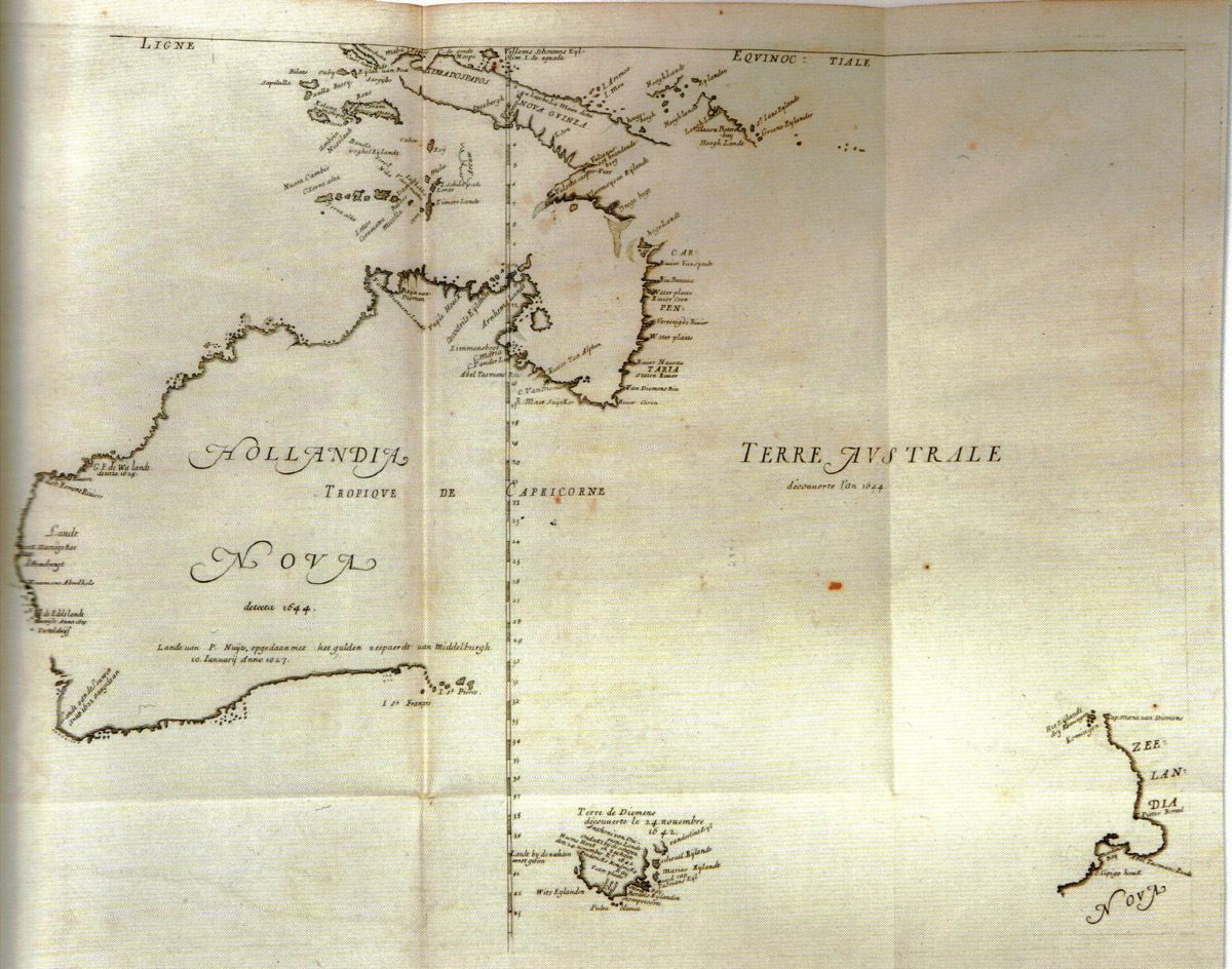 A map from 1644 showing Hollandia Nova (New Holland, which is now Australia) and Zeelandia Nova (New Zealand)