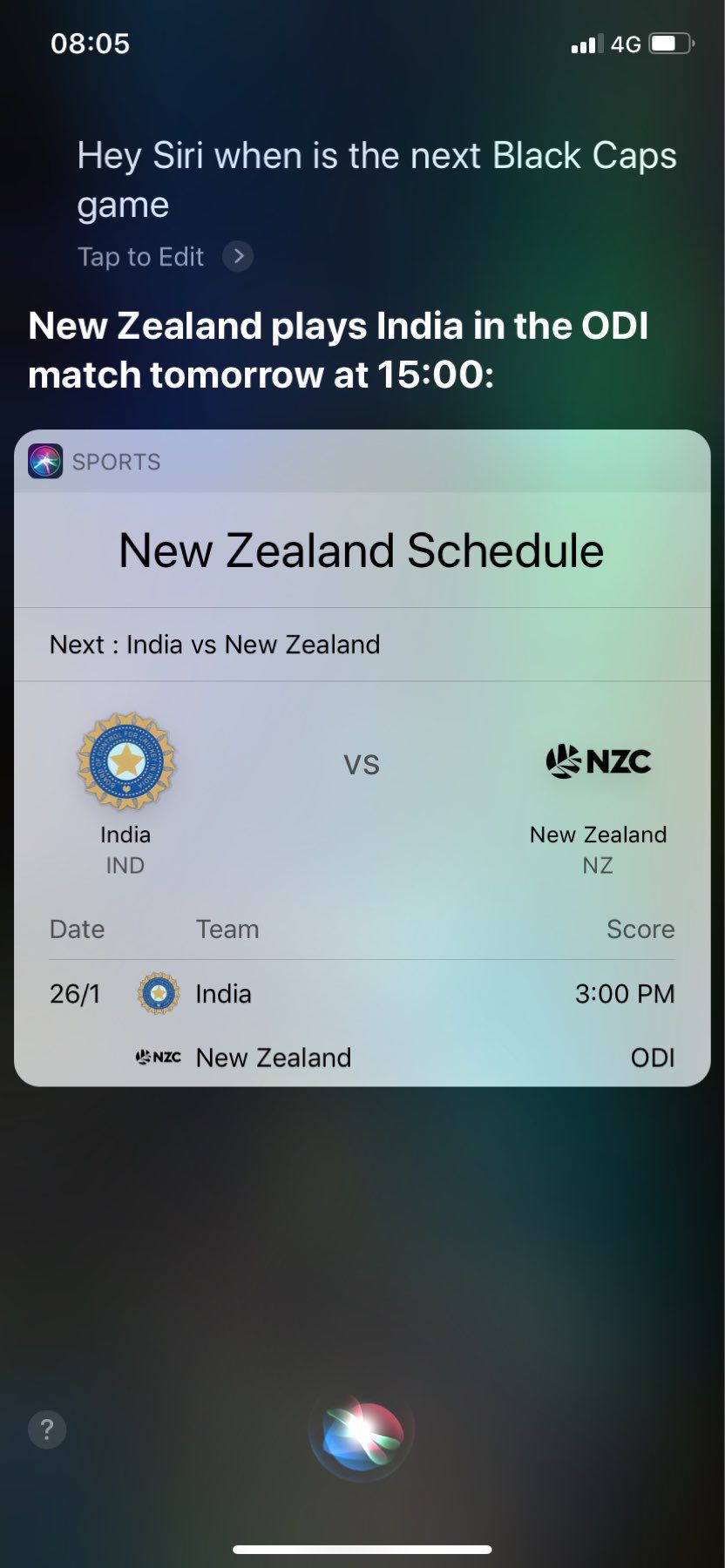 A Siri information screen showing details of the next Blackcaps v India ODI game.
