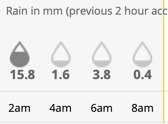 A screenshot of 2-hour accumulated rainfall from last night. From midnight to 8 am there was 21.6 mm of rain. 15.8 of that from midnight to 2 am.