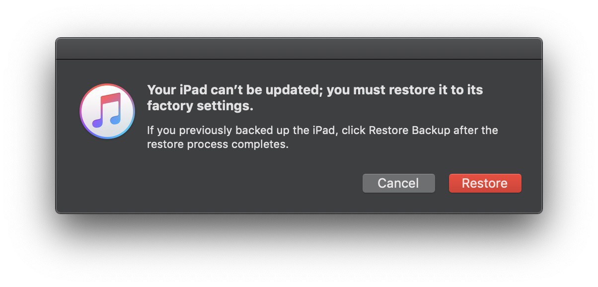 Your iPad could not be updated, it has to be restored.