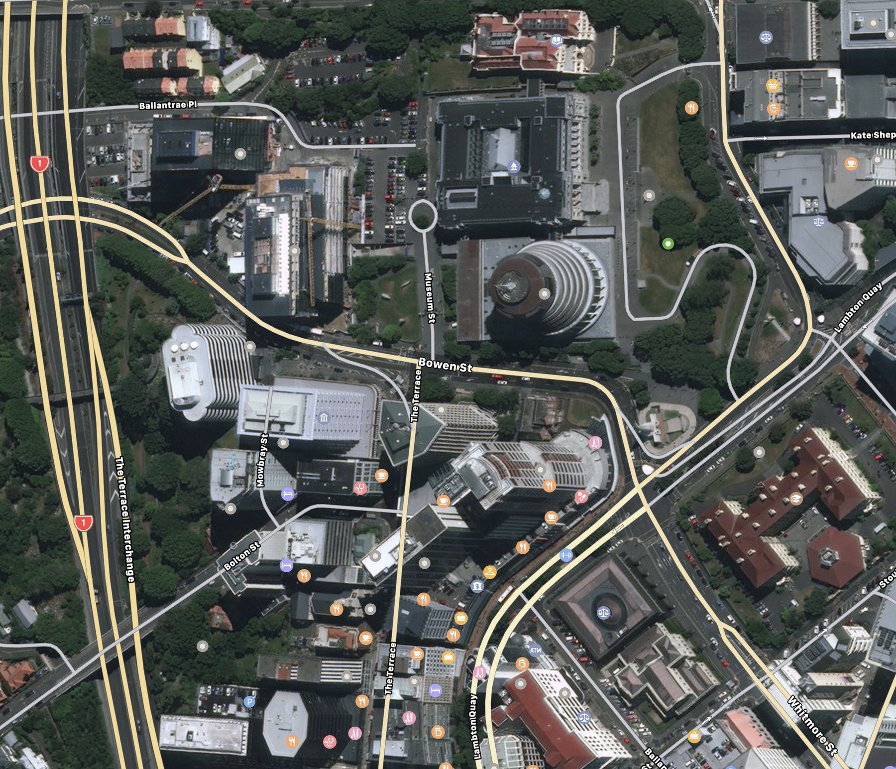 2D satellite view of Wellington in Apple Maps in MacOS. It looks dull, dark and low-res.