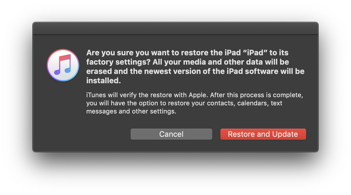 Are you sure you want to restore? Press the button and iTunes will restore your iPad.