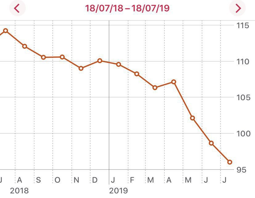 the graph of my weight from Apple Health geaphin my weight from July 2018 to July 2019