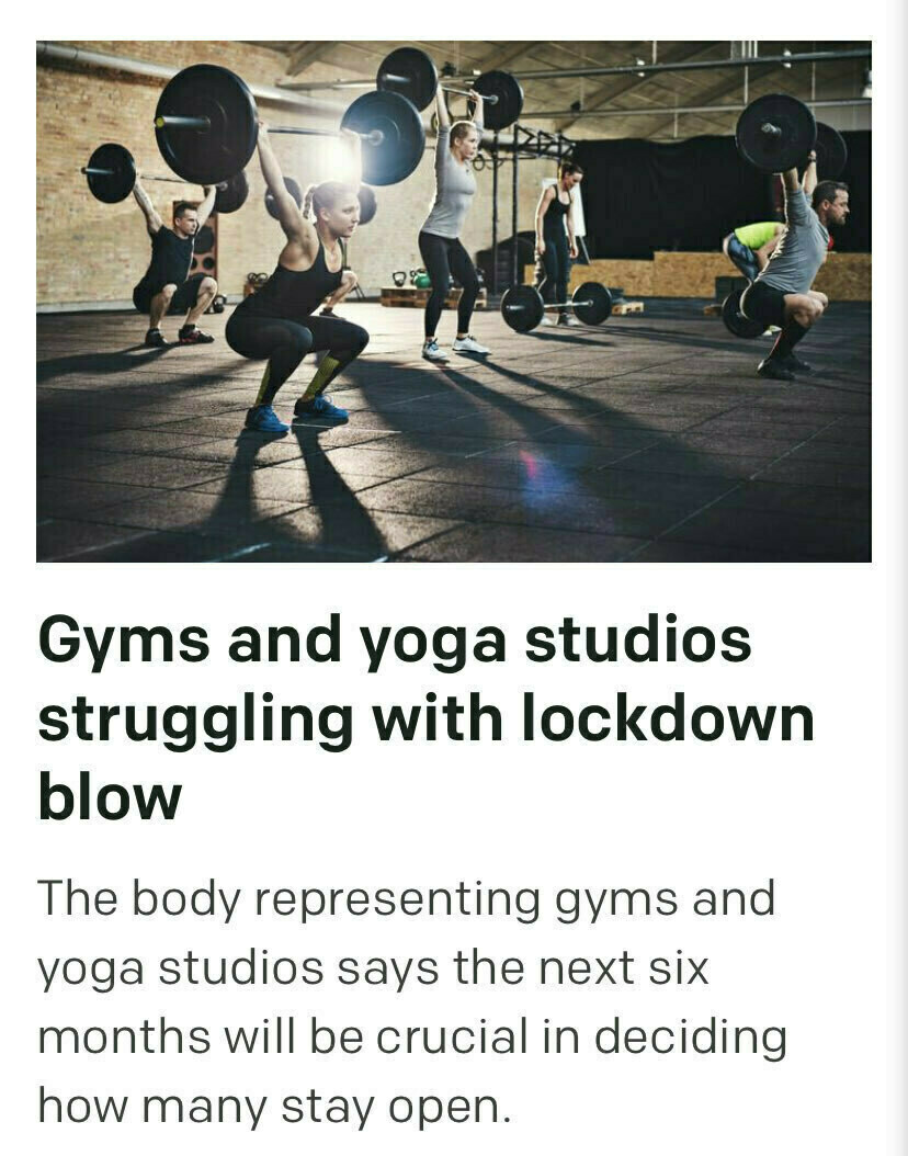 screenshot of an article saying The body representing gyms and yoga studios says the next six months will be crucial in deciding how many stay open.