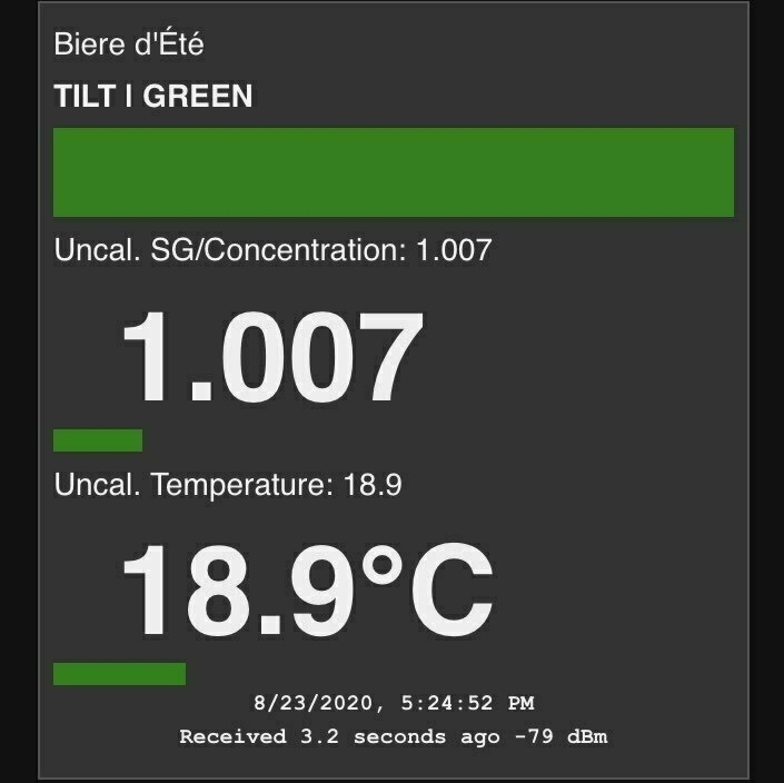 A read out of my digital hydrometer saying sognificant gravity is 1.007 and temperature of my fermenting beer is 18.9°C